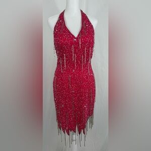 Holiday Vintage 1980s Nite Line Dark Pink Beaded Halter Dress, 6